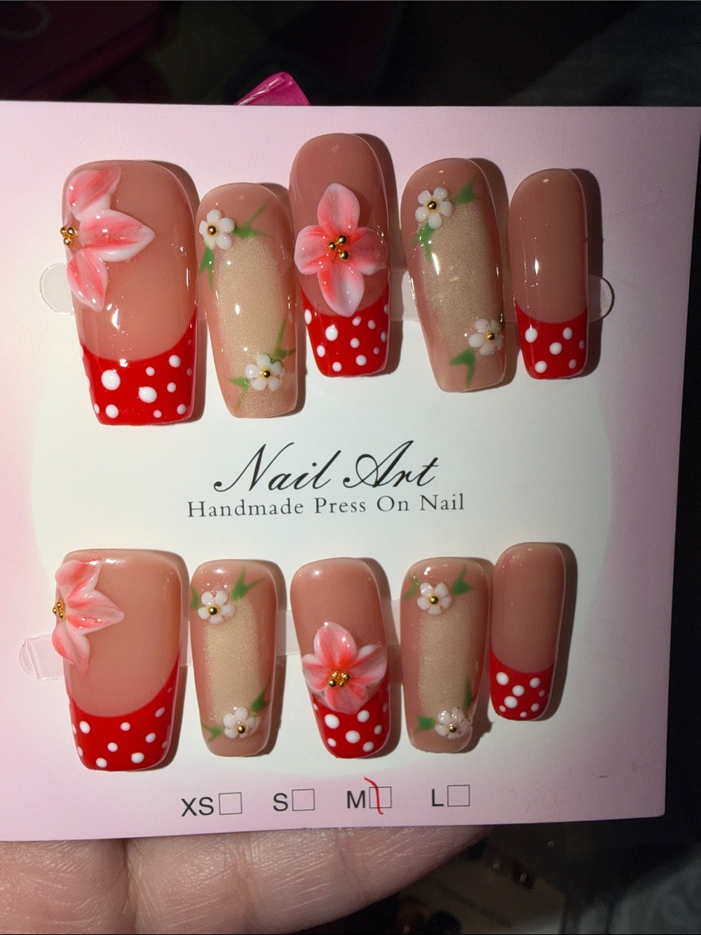 Handmade Press-On Nails with Red Polka Dot Tips & Pink Floral Accents